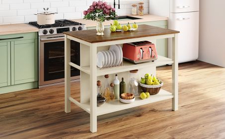 TOPMAX Solid Wood Rustic 3-piece 45" Stationary Kitchen Island Set with 2 Seatings, Rubber Wood Butcher Block Dining Table Set Prep Table Set with 2 O